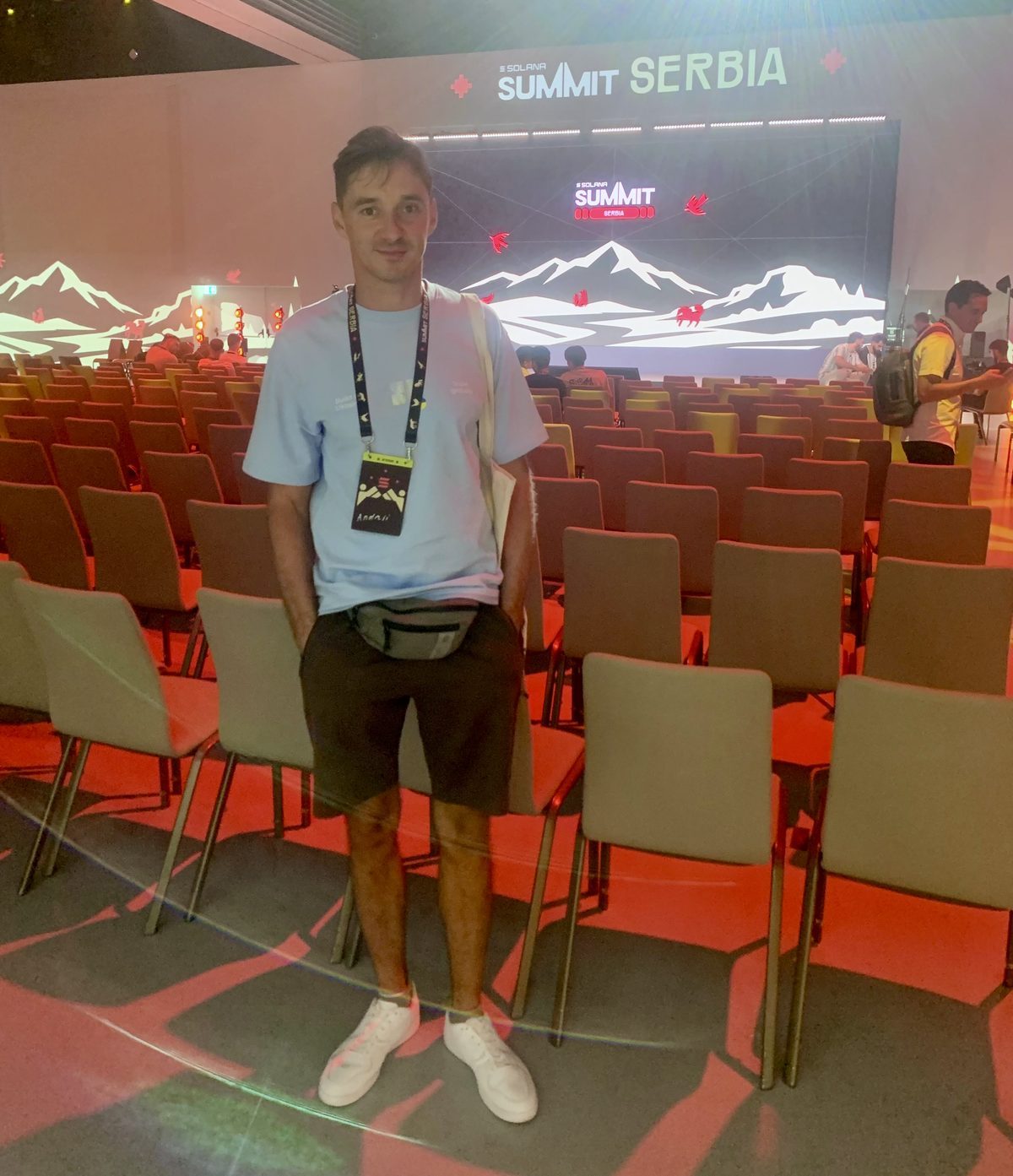 Andrii in the main hall of Solana Summit Serbia in Belgrade, August 2026